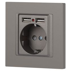 Розетка Intro Accent 6-410-09 P+E Schuko со шторками, 16А-250В + 2хUSB, IP20, СУ, титан