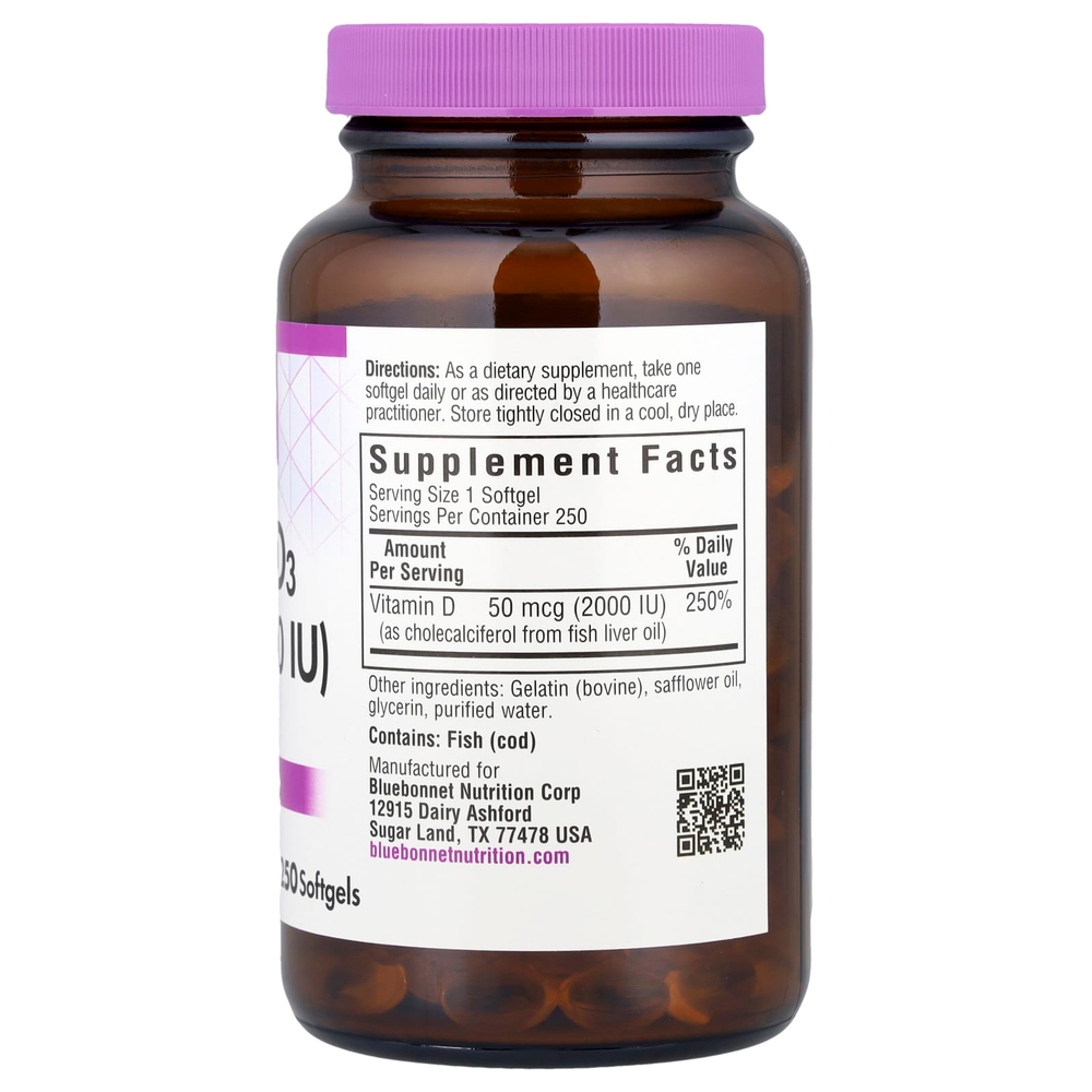 Bluebonnet Nutrition, витамин D3, 50 мкг (2000 МЕ), 250 капсул