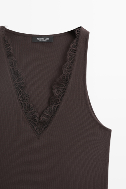Massimo Dutti Топ с V-образным вырезом и кружевом, коричневый
