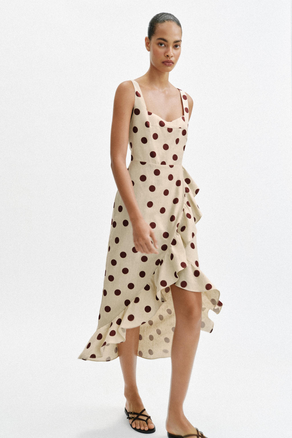 ZARA ПЛАТЬЕ МИДИ В ГОРОШЕК ИЗ СМЕСОВОГО ЛЬНА, ЭКРЮ