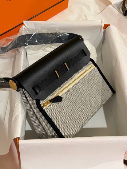 Сумка Hermes Herbag 20 Noir Ecru Viking Canvas Hunter Gold Hardware