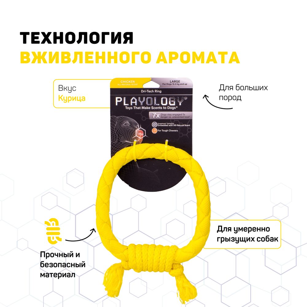 Жевательное кольцо-канат Playology DRI-TECH RING для собак средних и крупных пород с ароматом курицы, цвет желтый Жевательное кольцо-канат Playology DRI-TECH RING для собак средних и крупных пород с ароматом курицы, цвет желтый