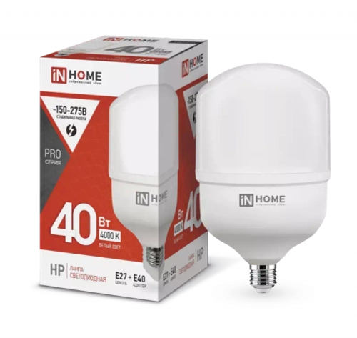 Лампа светодиодная LED-HP-PRO 40Вт 230В Е27 с адаптером E40 4000К БЕЛЫЙ 3800Лм IN HOME