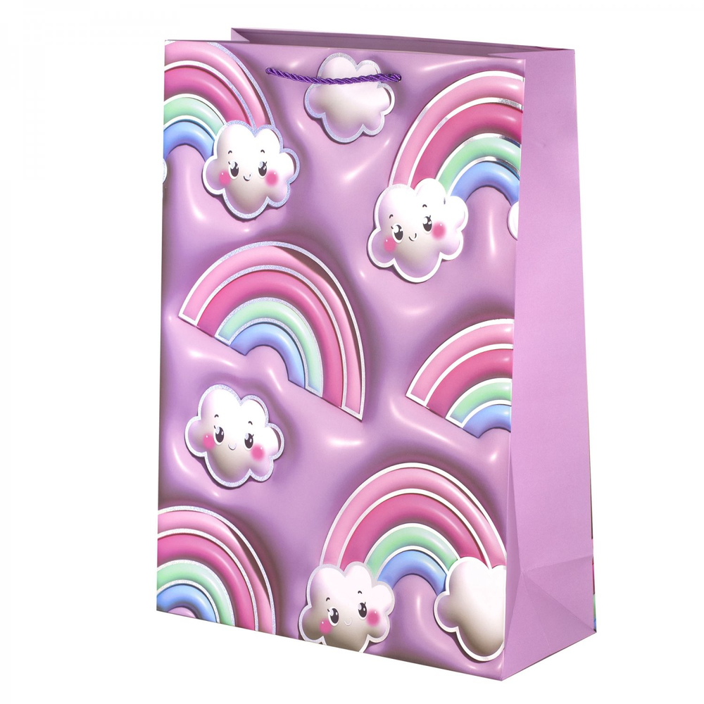 Пакет подарочный бумажный Alingar, (XL) 31х40х12 см, вертикальный, "Облачка и радуга", матов. ламинация, тиснение голография, эффект 3D, ассорти