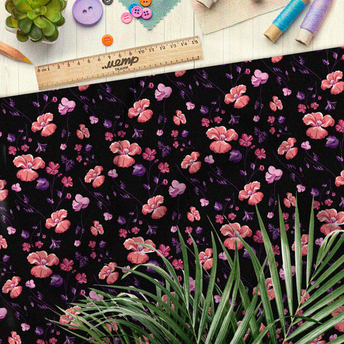 Ткань оксфорд 210 мелкие насыщенные розовые цветы на чёрном фоне