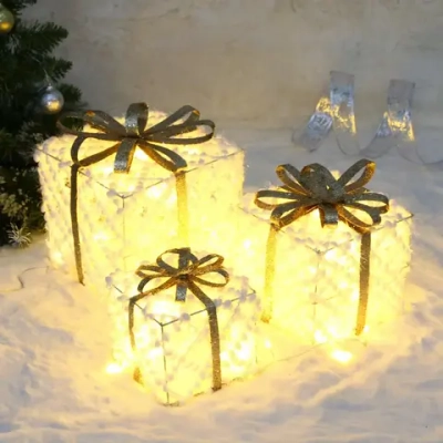 Фигура светодиодная «Подарок от Санты» (набор 3 шт: 12см, 15см, 19см), 220V, Золото (свечение - Теплый белый)