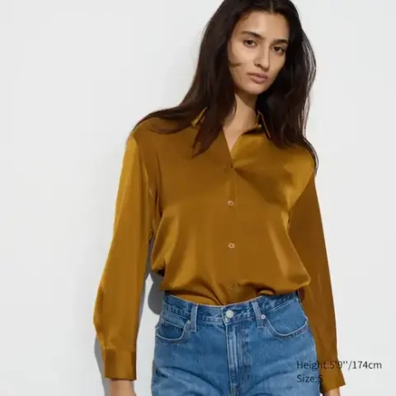 UNIQLO АТЛАСНАЯ БЛУЗКА, КОРИЧНЕВЫЙ