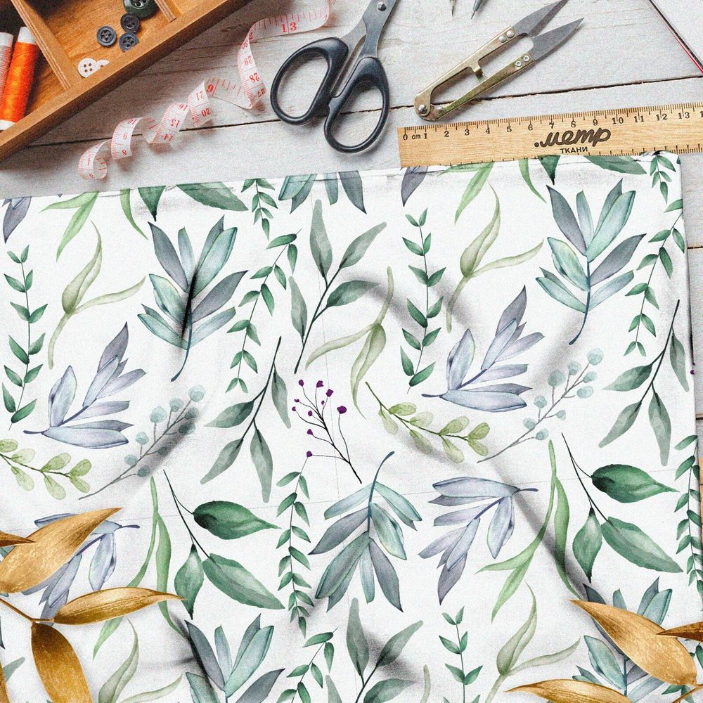 Ткань лен зеленые акварельные листочки