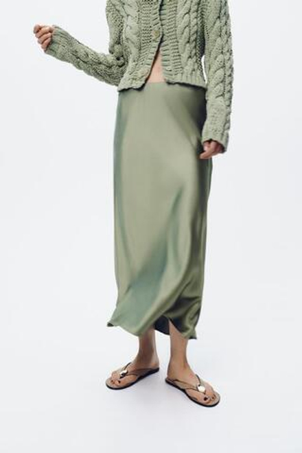 ZARA АТЛАСНАЯ ЮБКА МИДИ, МЯГКИЙ ЗЕЛЕНЫЙ