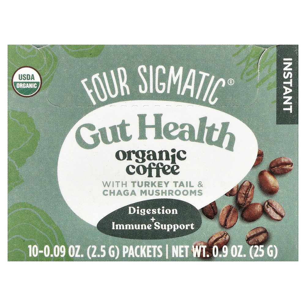 Four Sigmatic, Gut Health, органический растворимый кофе, трутовик разноцветный и грибы чага, средняя обжарка, 10 пакетиков, 2,5 г (0,09 унции)