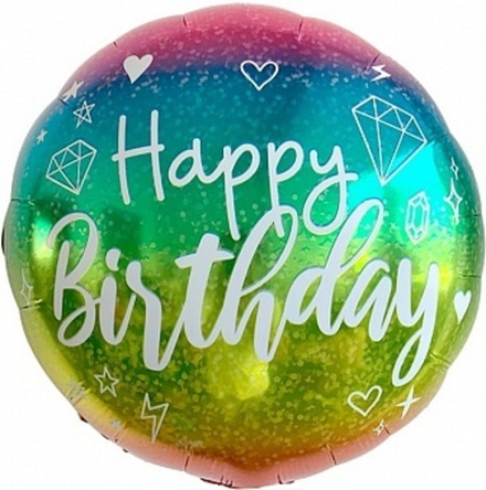 К 18''/46 см Круг С Днем Рождения (сердца и бриллианты) Радужный Голография