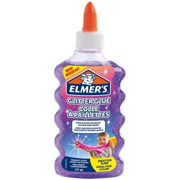 Клей канцелярский Elmers Glitter Glue, 200 г, 177 мл для слаймов, с блёстками, фиолетовый