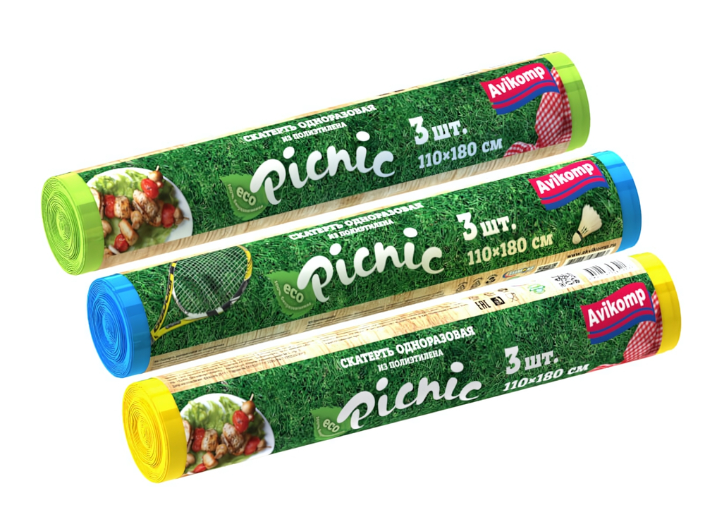 Скатерть одноразовая набор их 3 шт 110*180 см без рисунка, в рулоне 3 шт Picnic AVIKOMP, цвет желтая, голубая, салатовая