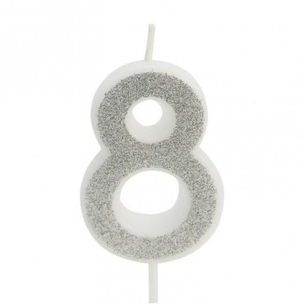 Свеча в торт цифра "8", с блестками, 3,5*5см (серебро)