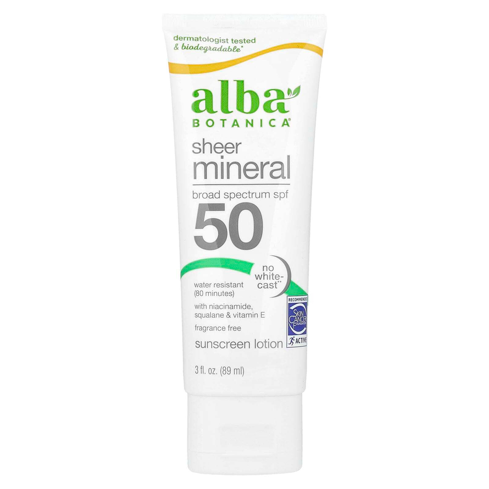 Alba Botanica, Sheer Mineral, минеральный солнцезащитный лосьон, SPF 50, без отдушки, 89 мл (3 жидк. унции)