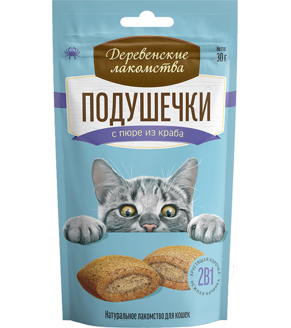 Деревенские лакомства Для кошек Подушечки с пюре из краба 30гр.