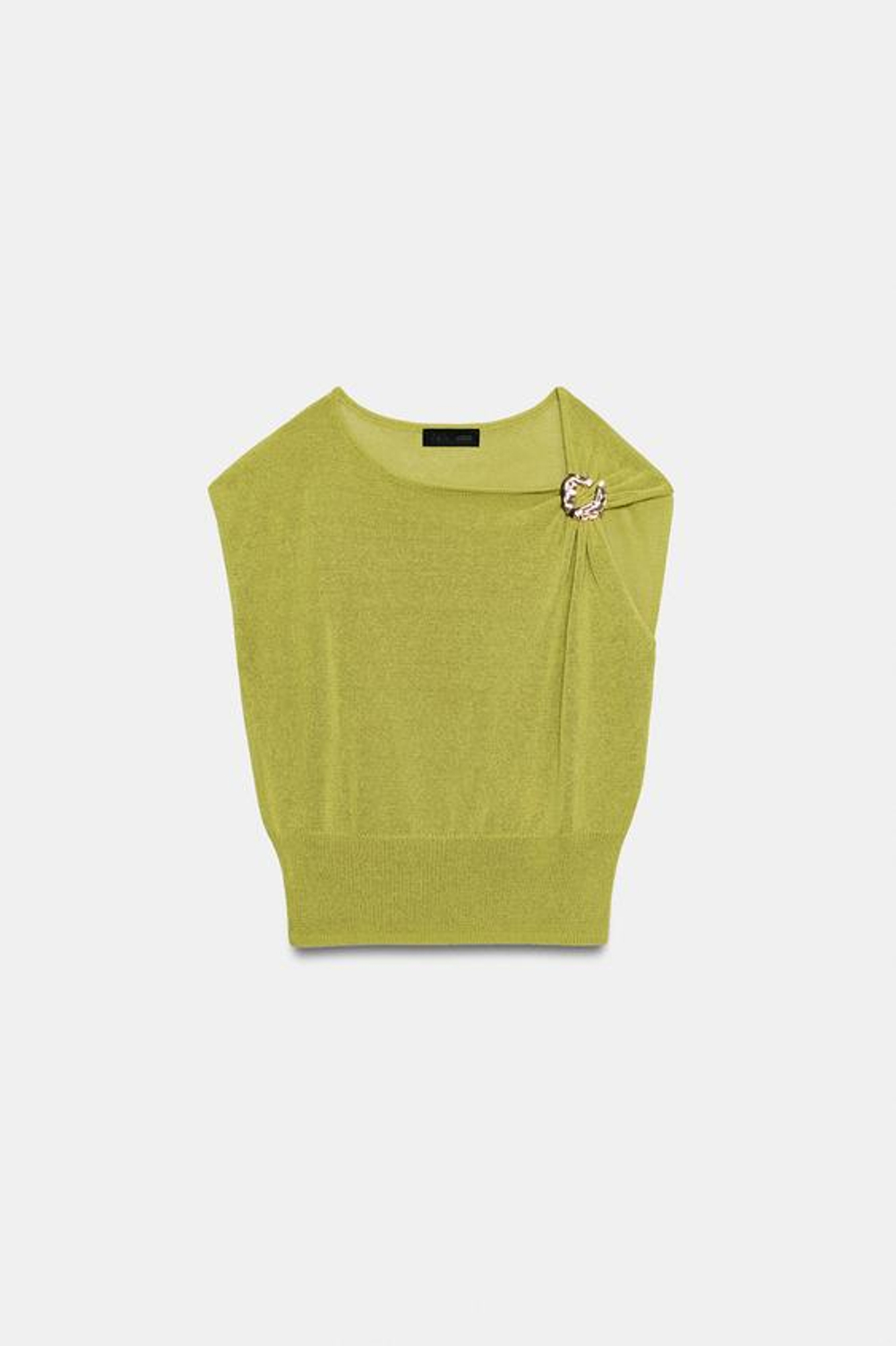 ZARA ТРИКОТАЖНЫЙ ТОП С ДЕКОРОМ, ОЛИВКОВЫЙ