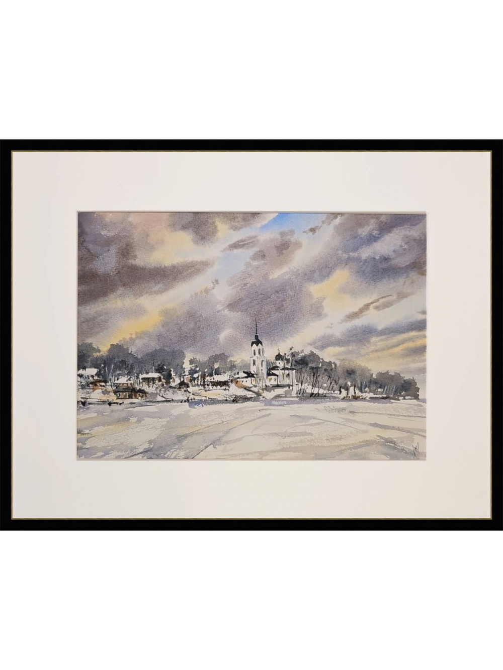 Картина авторская акварельная в паспарту 30х40 см на стену для интерьера "Февральский закат на Талабах"