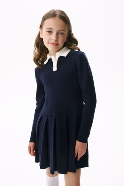 Платье вязаное с белым воротничком (темно-синий)