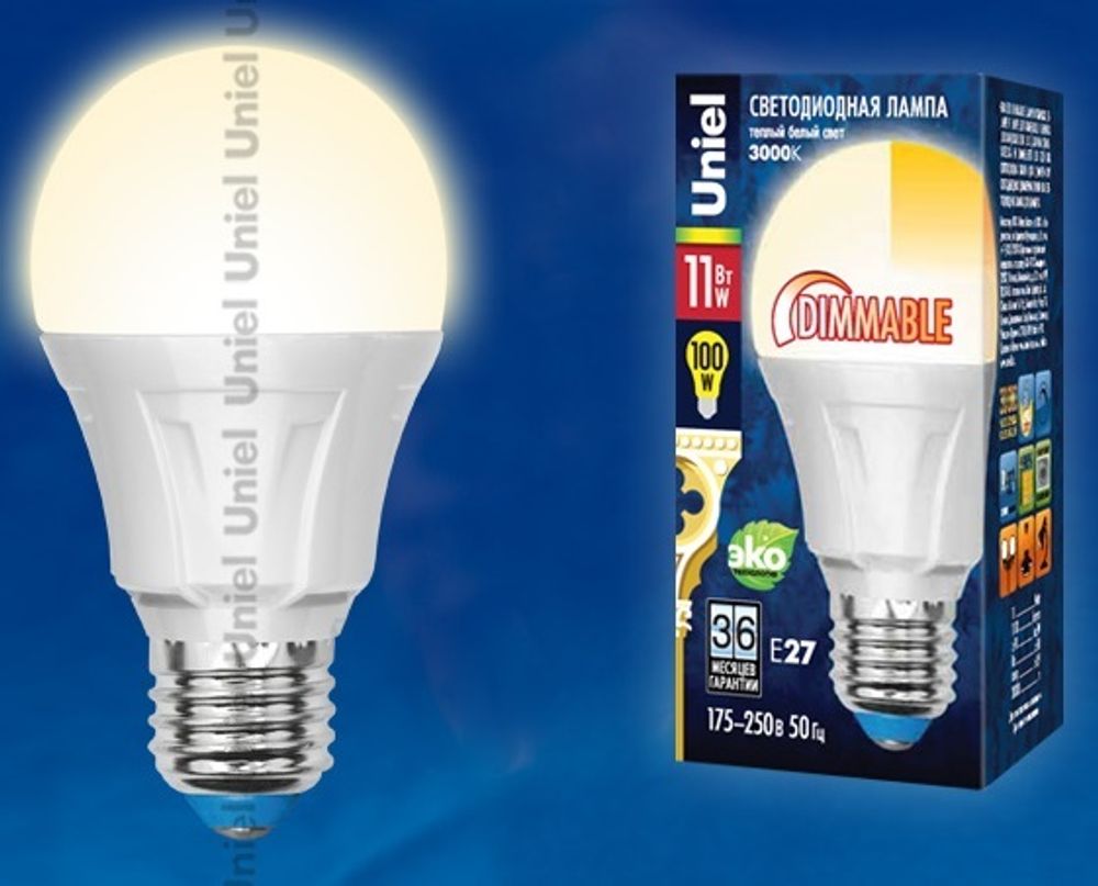 LED-A60-11W/WW/E27/FR/DIM PLP01WH Лампа светодиодная диммируемая. Форма A, матовая. Серия Palazzo. Теплый белый свет. Картон. ТМ Uniel.
