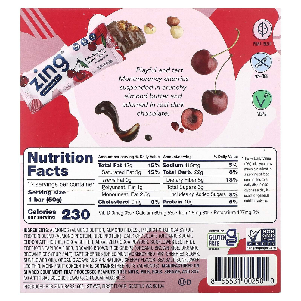 Zing Bars, Plant-Based Bar, темный шоколад, вишня и миндаль в миндальной пасте, 12 батончиков по 50 г (1,76 унции)