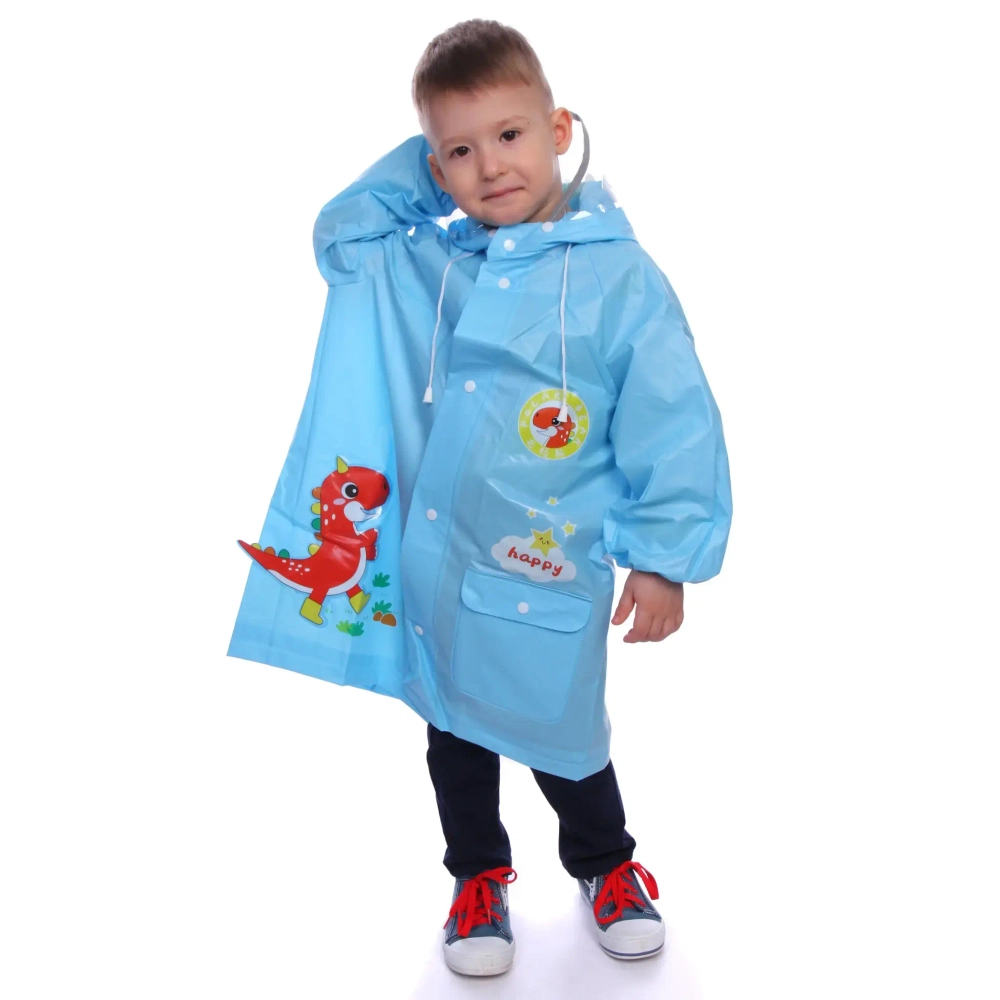 Дождевик-плащ детский «Рокки-Динозаврик» с капюшоном, рукава на резинке, цвет голубой, размер L(68*50см) ДоброСад
