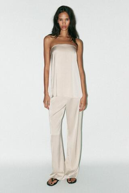 ZARA АТЛАСНЫЙ ТОП БЕЗ БРЕТЕЛЕЙ, СЕРЫЙ/БЕЖЕВЫЙ