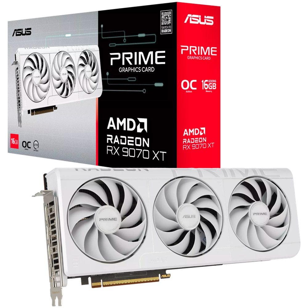 ASUS Video Card AMD Radeon RX 9070 XT White 16GB GDDR6 2220 / 3230 , 2048sp, 32 RT-core, 128 bit, 2.5 slots, 8 pin, HDMI, DisplayPort.