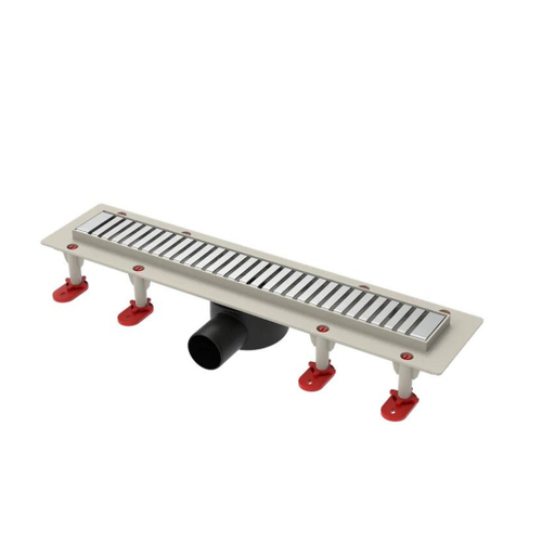 Трап линейный ТП-55D-500 решетка из нерж. стали "Полосы" с гориз. выходом D50 мм рамка из пластика