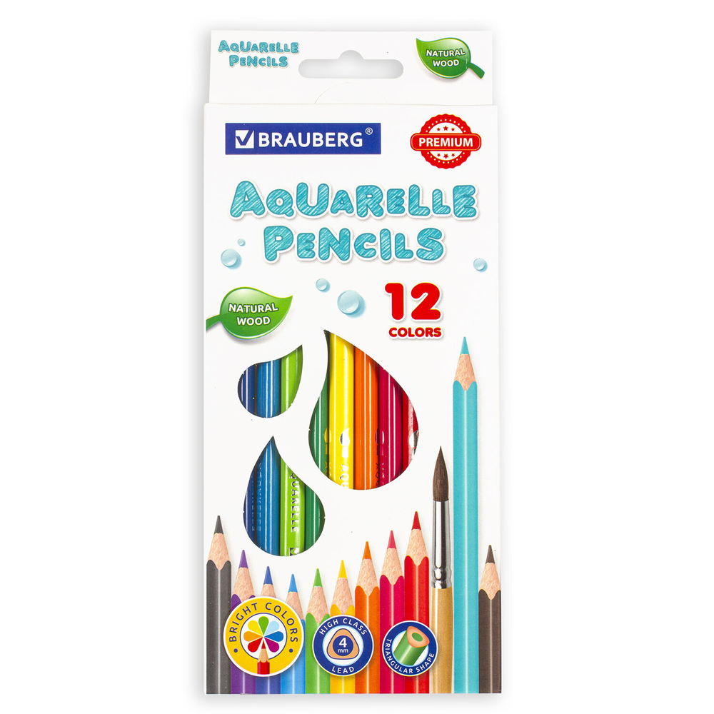 Карандаши цветные акварельные BRAUBERG PREMIUM AQUARELLE, 12 цветов, грифель 4 мм, 181671