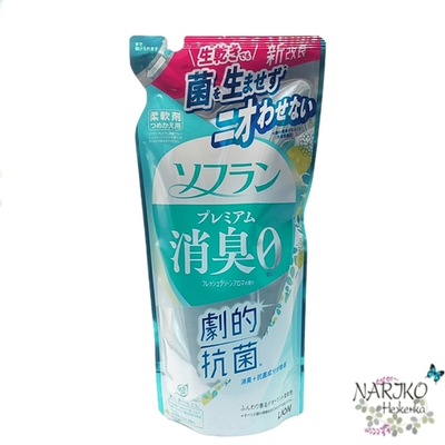 Кондиционер для белья с мощным антибактериальным эффектом для защиты от неприятного запаха LION SOFLAN Premium Deodorizer 018 натуральный фруктовый аромат, мягкая упаковка 380 мл.