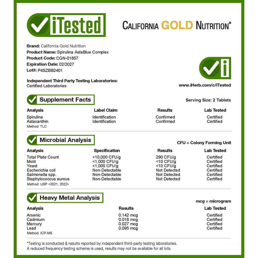 California Gold Nutrition, спирулина, органический комплекс AstaBlue, 60 таблеток
