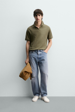 ZARA ПОЛО ИЗ РЕЛЬЕФНОЙ ТКАНИ, МЯГКИЙ ЗЕЛЕНЫЙ