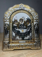 Св. Троица, икона арочная с рамкой, красное дерево 266х335