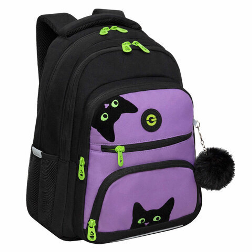 Рюкзак GRIZZLY школьный, укреп. спинка, 3 отделения, д/дев., KITTENS, фиолет.,39х30х20