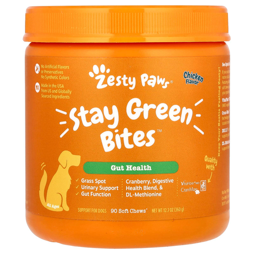 Zesty Paws, Stay Green Bites, Gut Health, для собак, для всех возрастов, с курицей, 90 жевательных таблеток, 360 г (12,7 унции)