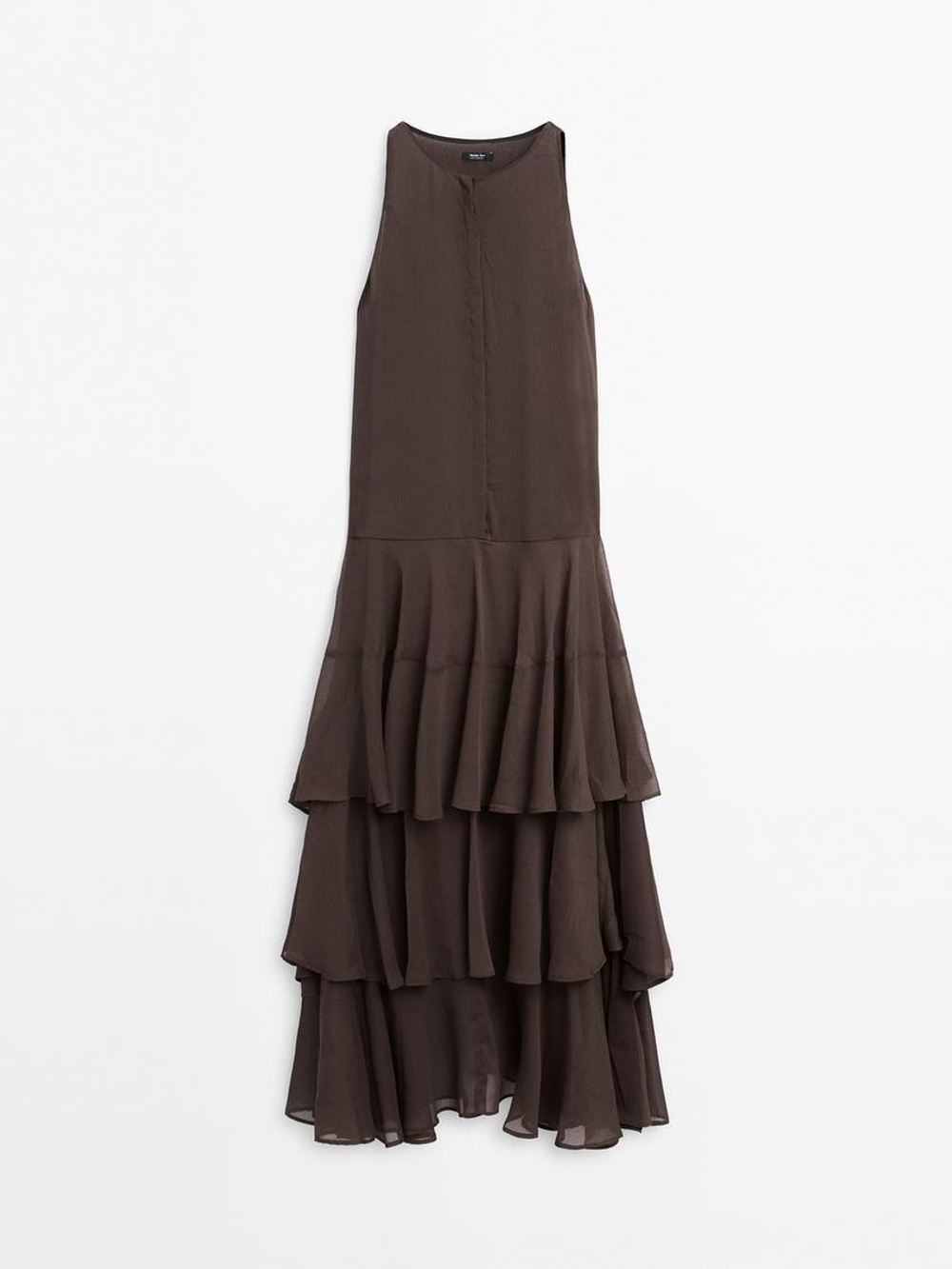 Massimo Dutti Длинное платье из струящейся ткани с воланами, шоколадный