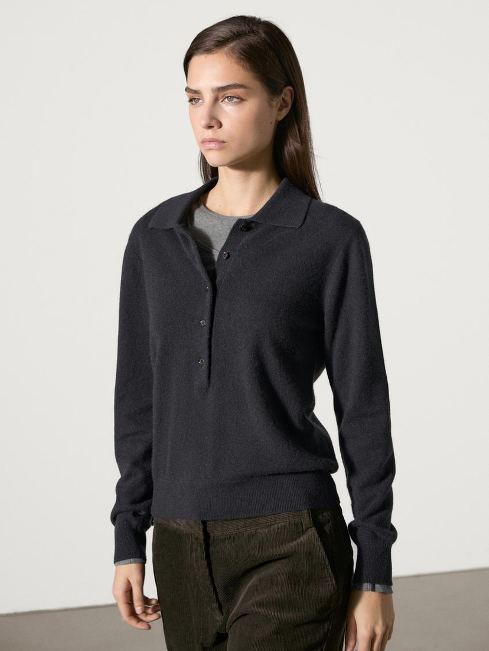 Massimo Dutti Трикотажный свитер поло из 100% кашемира, темно-серый