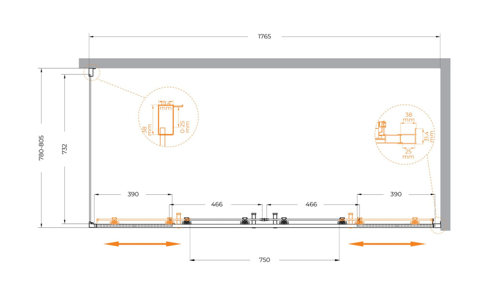 Душевой уголок Cezares MOLVENO-AH-2/1-180/80-C-Cr-IV, 180х80х195, профиль хром, стекло прозрачное