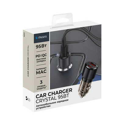 Автомобильное зарядное устройство Crystal USB A + USB-C, 95Вт, 3А, PD, QC, прозрачный, черный