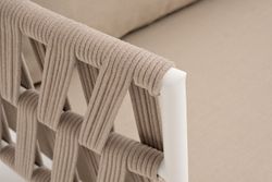 "Диего" диван 2-местный плетеный из роупа, каркас алюминий белый муар, роуп бежевый круглый, ткань бежевая 052