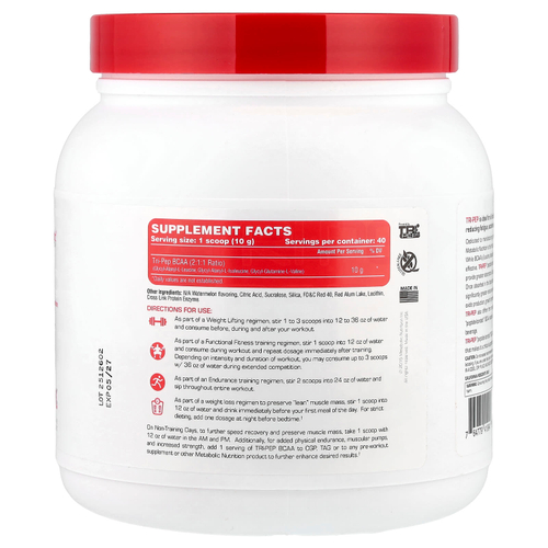 Metabolic Nutrition, Tri-Pep®, аминокислота с разветвленной цепью, со вкусом арбуза, 400 г