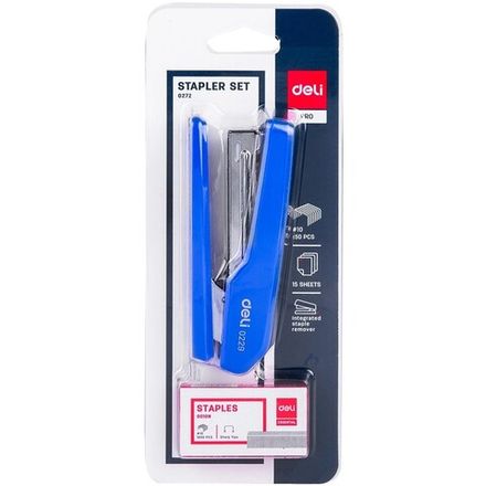 Степлер+ скобы №10, Deli E0229A, до 15л, пластиковый корпус, ассорти, 1шт.