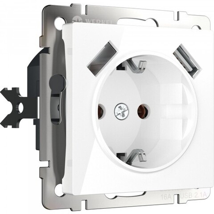 Розетка с заземлением, шторками и USBх2 (белый)