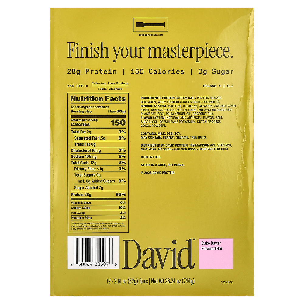 David Protein , Protein Bar, Cake Batter, 12 Bars, 2.19 oz (62 g) Each