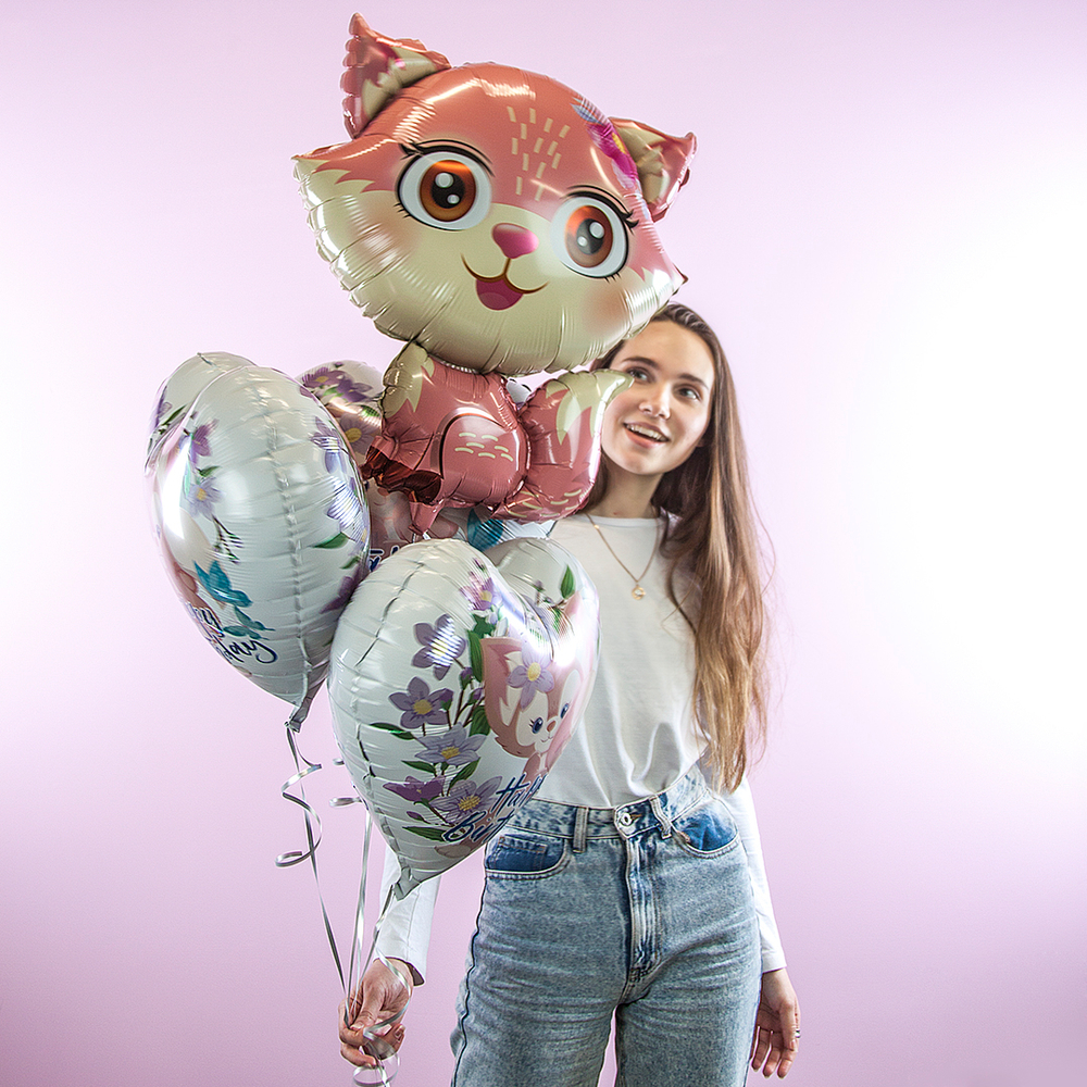 Шар (27''/69 см) Фигура, Лисенок с цветком, Розовый, 1 шт.