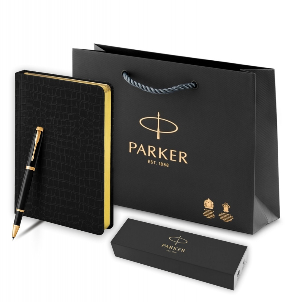 Подарочный набор Parker: ручка-роллер Parker IM Metal Black GTи ежедневник черного цвета с имитацией под кожу рептилии