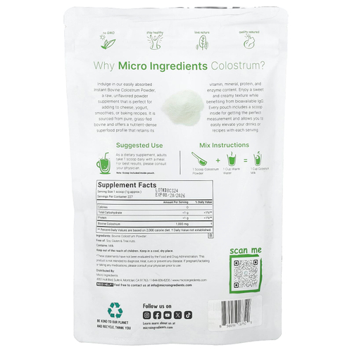 Micro Ingredients, Быстрорастворимое бычье молозиво, без добавок, 227 г (8 унций)