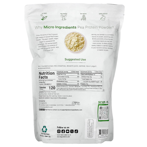 Micro Ingredients, Порошок из горохового протеина, без добавок, 2,26 кг (5 фунтов)