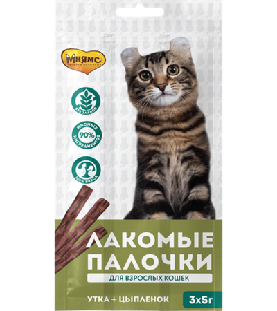 Мнямс лакомые палочки 13,5 см для кошек с цыпленком и уткой 3*5г